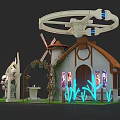 Commercial Equipment Display Setup With Windmill Cottage Arched Structure And Fountain Decorations
