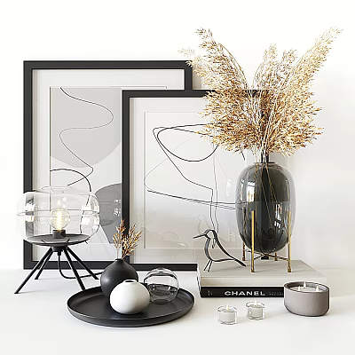 Modern Minimalist Decorative Ornament Set With Framed Artworks Vase Dried Pampas Grass Lamp And Tray 3d model