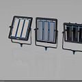 Three Modern Furniture Display Units With Blue Frame White Brown Panels And Stand