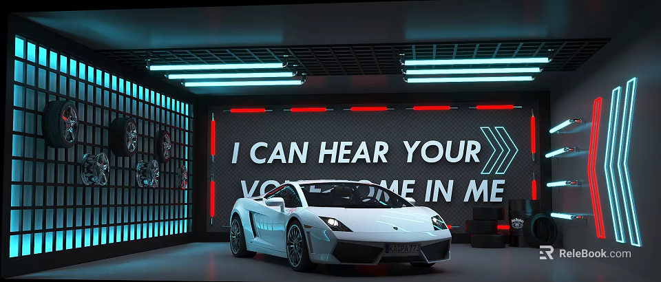 Modern Garage With White Lamborghini Sports Car And Colorful Neon Lights 3d model 