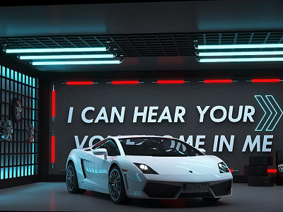 Modern Garage With White Lamborghini Sports Car And Colorful Neon Lights 3d model