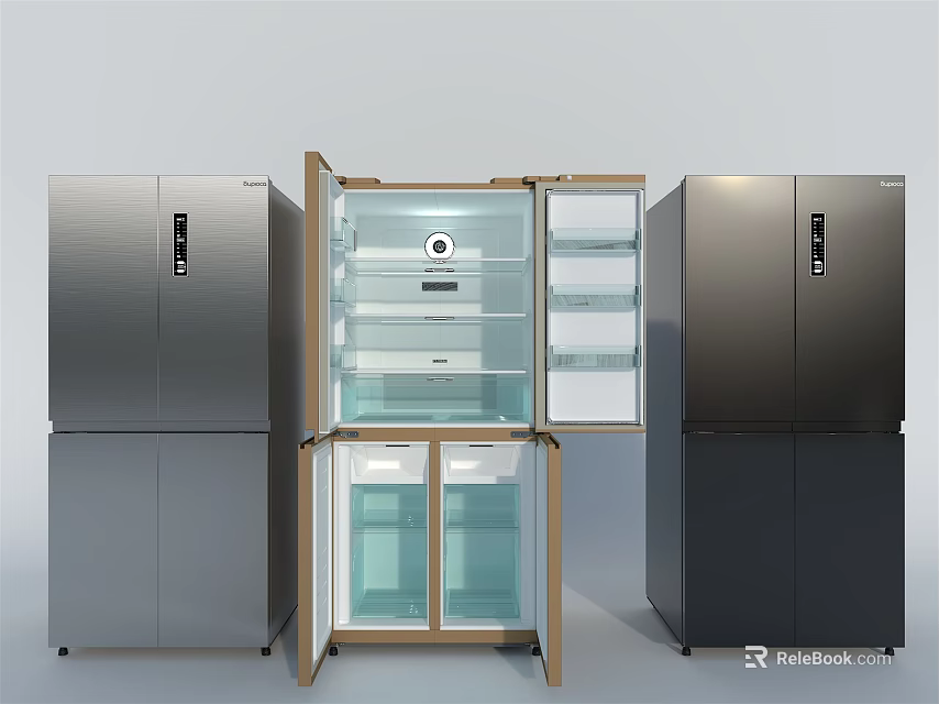 Multiple Modern Refrigerators With Open Door And Interior Display In Different Styles 3d model