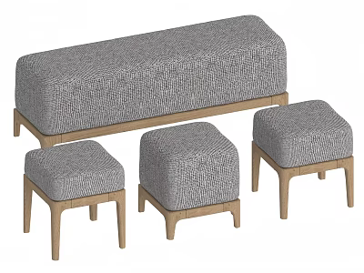 Gray Textured Fabric Sofa Bench with Wooden Legs and Three Stools 3d model