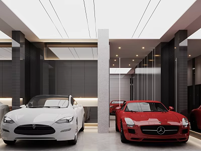 Luxury Modern Garage Interior With White And Red Sports Cars And Sleek Lighting Design 3d model