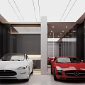 Luxury Modern Garage Interior With White And Red Sports Cars And Sleek Lighting Design