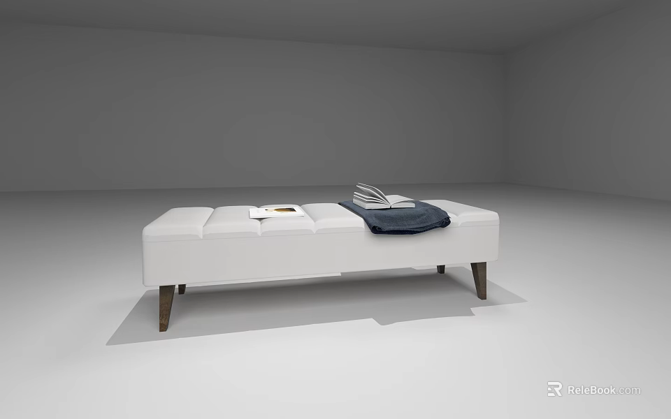 White Ottoman Bench with Blue Blanket and Notebook and Wooden Legs in Minimalist Room 3d model 