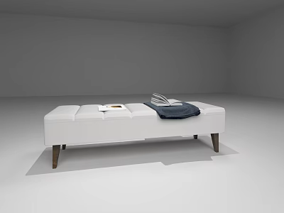 White Ottoman Bench with Blue Blanket and Notebook and Wooden Legs in Minimalist Room 3d model