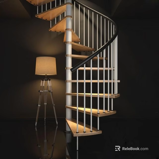 Modern Spiral Staircase With Wooden Steps Metal Railings And Floor Lamp Illumination 3d model 