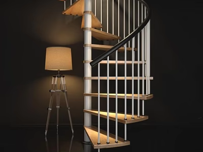 Modern Spiral Staircase With Wooden Steps Metal Railings And Floor Lamp Illumination 3d model