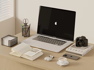 Apple Laptop On Wooden Desk With Open Book Wireless Earbuds And Digital Camera 3d model