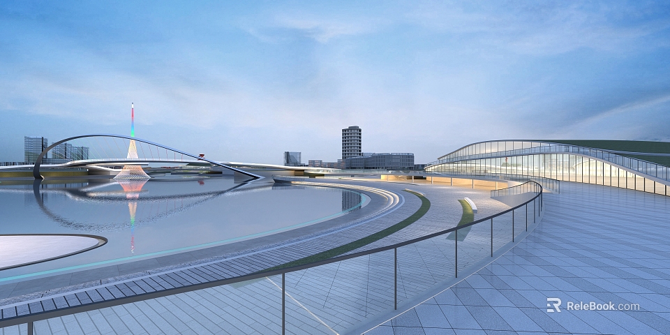 Spacious Modern Park Landscape With Open Water Curved Walkway And Colorful Bridge Under Blue Sky 3d model 