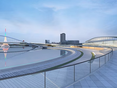 Spacious Modern Park Landscape With Open Water Curved Walkway And Colorful Bridge Under Blue Sky 3d model