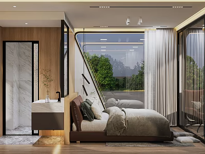 Modern Container Building Interior With Bedroom Design Large Windows And Green View 3d model