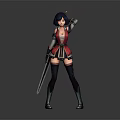 Game Movie Character With Short Dark Hair Red Black Outfit Holding Sword Raised Arm Pose