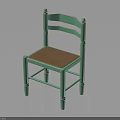 Turquoise Green Wooden Chair With Slatted Back Carved Legs And Woven Brown Seat
