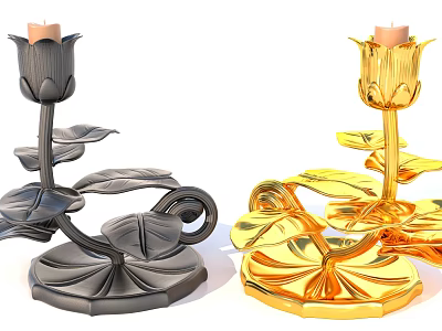 Black And Gold Floral Candle Holders With Leaves 3d model