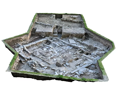 Ancient Star Shaped Archaeological Site With Stone Brick Ruins And Ground Debris 3d model