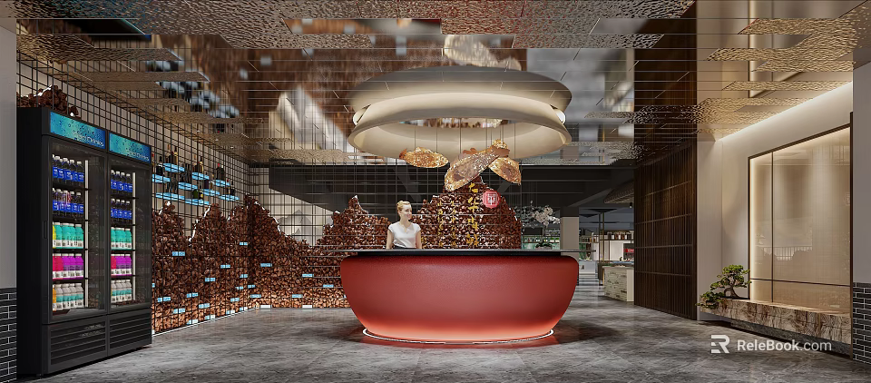 Stylish Modern Shop Front Desk With Red Curved Counter Artistic Decor And Ambient Lighting 3d model 