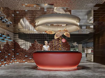 Stylish Modern Shop Front Desk With Red Curved Counter Artistic Decor And Ambient Lighting 3d model