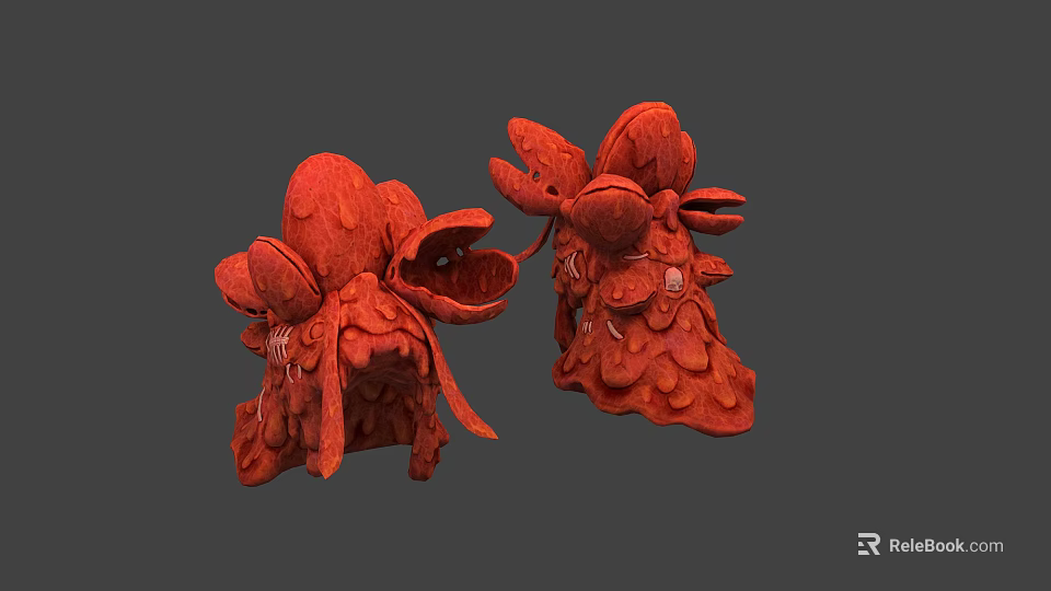 Two Artistic Red Sculptural Creatures With Textured Scales And Detailed Forms 3d model 