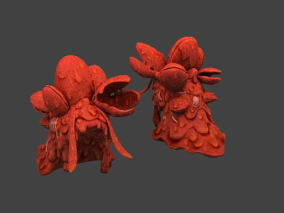 Two Artistic Red Sculptural Creatures With Textured Scales And Detailed Forms 3d model