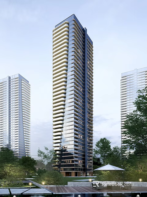 Modern High Rise Buildings With Glass Facades Golden Stripes And Trees Under Clear Sky 3d model 