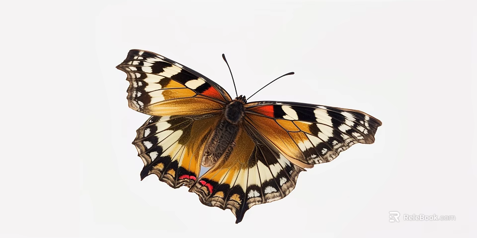 Vibrant butterfly with orange black white and red patterned spread wings isolated on white background 3d model 