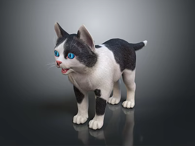 Black And White Cat Plush Toy With Blue Eyes Open Mouth Standing On Dark Background 3d model