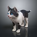 Black And White Cat Plush Toy With Blue Eyes Open Mouth Standing On Dark Background