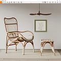 Natural Rattan Lounge Chair With Matching Small Stool Decorative Painting And Ceiling Fan