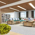 Bright Library Interior Design With Bookshelves Computers Chairs And Plants 3d model