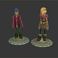 Two Detailed Cartoon Male Characters In Different Outfits Standing On Circular Bases