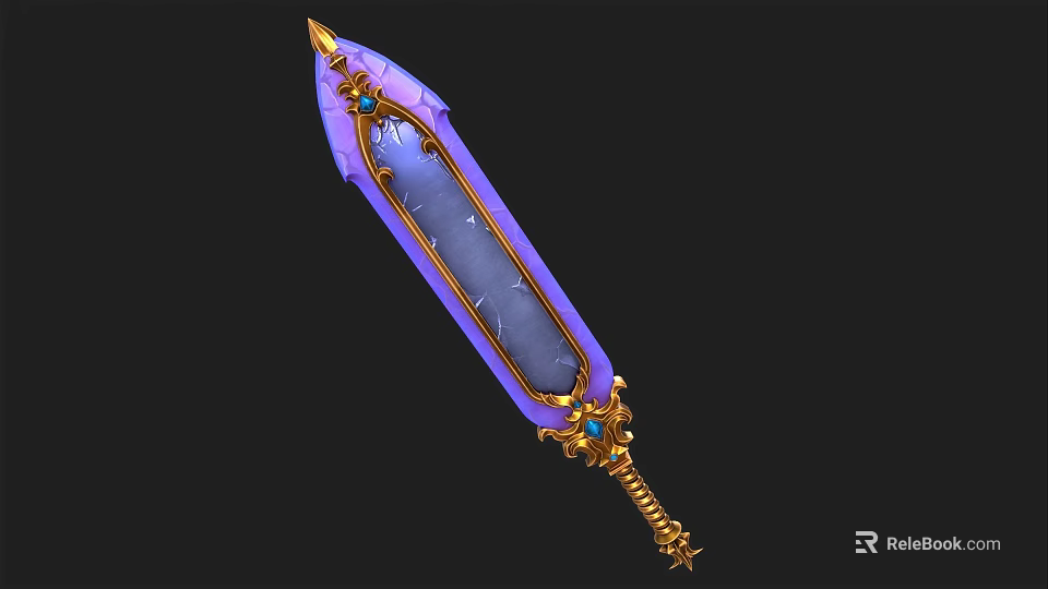 Fantasy Sword with Purple Blade Golden Decorations and Blue Gemstones in Ornate Weapon Design 3d model 