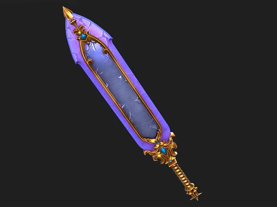 Fantasy Sword with Purple Blade Golden Decorations and Blue Gemstones in Ornate Weapon Design 3d model
