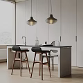 Modern Kitchen Bar Counter With Pendant Lights Black Bar Stools White Cabinets And Marble Top
