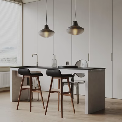Modern Kitchen Bar Counter With Pendant Lights Black Bar Stools White Cabinets And Marble Top 3d model