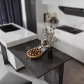 Modern Open Living and Dining Room Interior With Gray Sofa White Kitchen Island And Fireplace