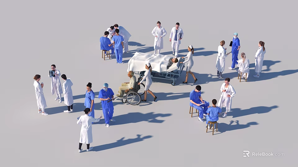 Medical Staff And Patients Interacting In Hospital Environment With Stretchers And Wheelchairs 3d model 