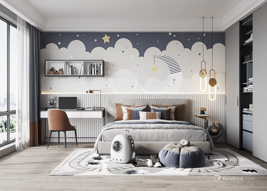 Bright Kids Room With Star Cloud Wall Bed Desk Chair Hanging Lights And Toys 3d model 
