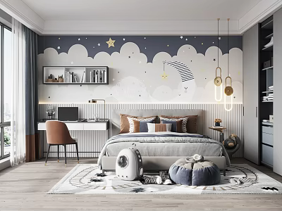 Bright Kids Room With Star Cloud Wall Bed Desk Chair Hanging Lights And Toys 3d model