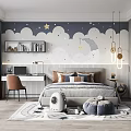 Bright Kids Room With Star Cloud Wall Bed Desk Chair Hanging Lights And Toys