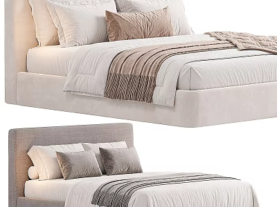 Modern Minimalist Double Bed With Beige Headboard Gray Pillows And Striped Blanket 3d model