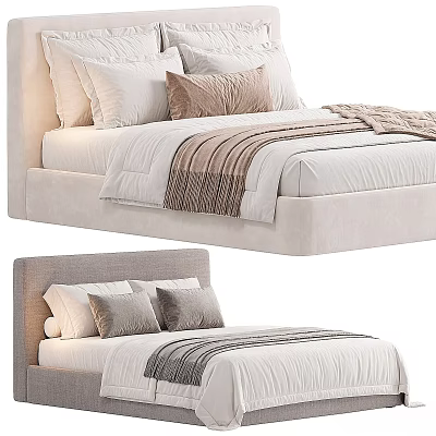 Modern Minimalist Double Bed With Beige Headboard Gray Pillows And Striped Blanket 3d model