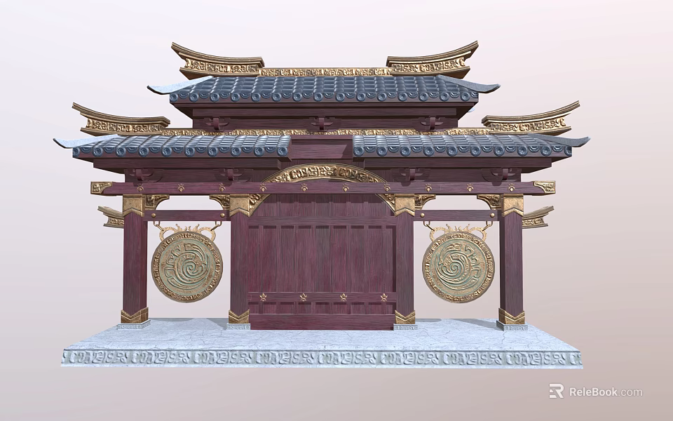 Traditional Chinese Architectural Gateway With Curved Eaves Tile Roof And Circular Decorations 3d model 