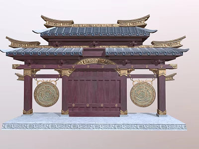 Traditional Chinese Architectural Gateway With Curved Eaves Tile Roof And Circular Decorations 3d model