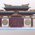 Traditional Chinese Architectural Gateway With Curved Eaves Tile Roof And Circular Decorations