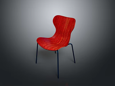 Red Single Chair with Curved Backrest Wooden Texture and Black Metal Legs 3d model