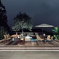 Outdoor Garden Landscape With Dining Table White Tablecloth Chairs Umbrella And Lush Green Plants