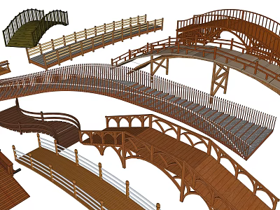 Various Landscape Bridges With Wooden Railings Arched Straight Designs For Garden Park 3d model