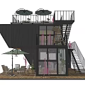 Modern Café Interior With Large Windows Wooden Walls Long Table Metal Chairs GreenToned Painting Bookshelves